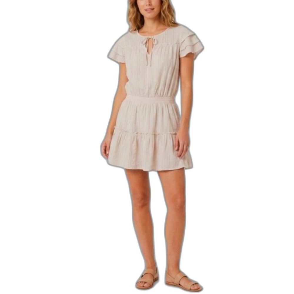 PPLA Women's NWOT Beige Tie-Neck SS Tiered Boho Coastal Mini Dress Size S